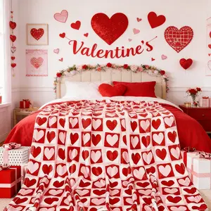 Classic Flannel Fabric Heart Checkered Throw Blanket - Red & White, Soft Heat-Retaining Textile for Bedroom, Living Room
