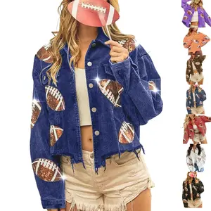 JovenPara Women's Game Day Corduroy Sequin Football Cropped Jacket Rugby Oversized Lapel Button Down Shirt Shacket Coat