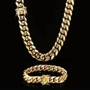 18K Gold Miami Cuban Chain & Bracelet Set for Men 14mm Stainless Steel Hiphop Necklace 16/18/20/24/30" + Bracelet 7.5/8.5" Kit with Classical Brass Clasp