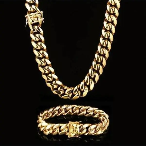 18K Gold Miami Cuban Chain & Bracelet Set for Men 14mm Stainless Steel Hiphop Necklace 16/18/20/24/30" + Bracelet 7.5/8.5" Kit with Classical Brass Clasp