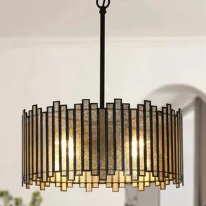 Modern 4-Light Drum Colored Glass Chandelier Black with Elegant Design