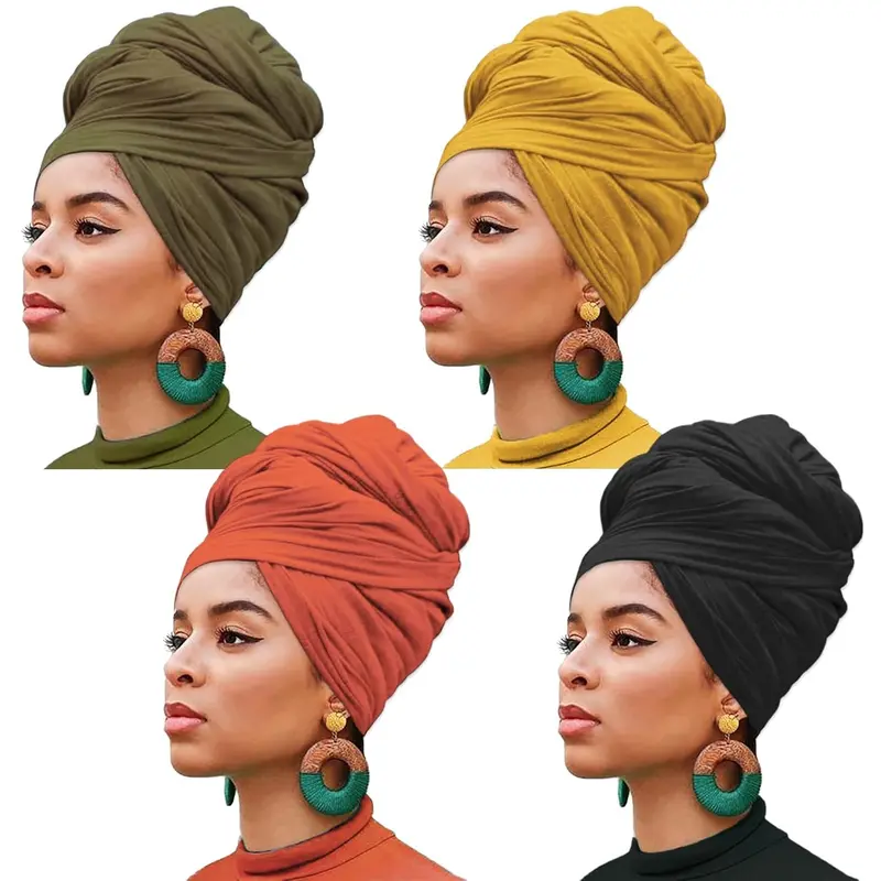 Women's Jersey Knit Scarf Head Wraps 4-Pack - Girly Feminine Shawl Wrap, Extra Long Elastic Solid Color 71" (180x80cm) Breathable Soft Polyester, Easy-To-Tie Adjustable Bandana for Yoga, Parties + How To Tie Guide, Sportswear Accessory