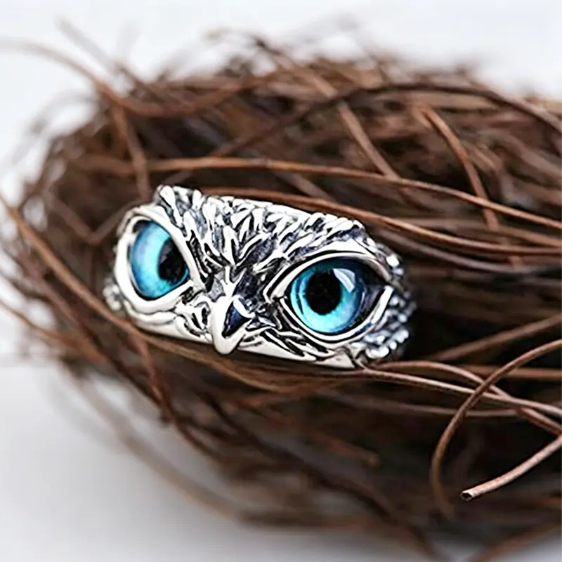 Gothic Fantasy Owl Ring with Luminous Blue Eyes, Dark Academia Antique Silver Plated Adjustable Band for Men & Women, Fake Eyeball Rings, Gothic Fantasy Rings