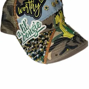 Worthy Embellished Trucker Hat with Rhinestone Detail Camo Yellow & Green Duo. Adjustable and lightweight.