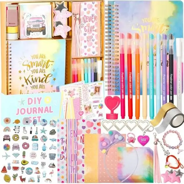 R RUCKERCO 54 Pcs Girls Personal Journal Craft Set - Fun Scrapbooking & Daily Supplies Kit for Birthdays & Holiday Gifts