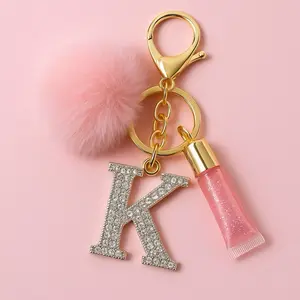 Trending Initial Pom Keychain Bling Letter K with Gloss Charm Teen Aesthetic Gold Plated Keyring