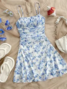 Women's Floral Slip Dress, Sleeveless, Ruched Bust & Waist Design, A-Line Swing Dress, French Fresh, Feminine & Pastoral Girl Style, Perfect for Beach Vacation, Picnic Dates, Summer Shopping & Pastoral Photoshoots