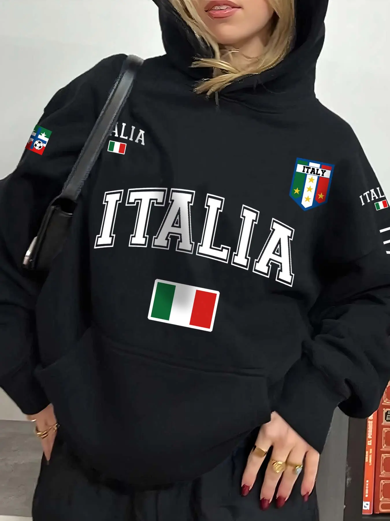 Italia Hooded Sweatshirt Women, Fall Winter Fleece Lined, Sporty Casual Loose Fit, Italian Football Graphic, Streetwear Fashion Sportswear Long Sleeve, Casual Warm Sweatshirt, Womenswear Fleece Hoodie Sweatshirt