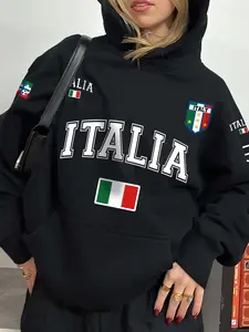 Italia Hooded Sweatshirt Women, Fall Winter Fleece Lined, Sporty Loose Fit, Italian Football Graphic, Streetwear Fashion Sportswear Long Sleeve