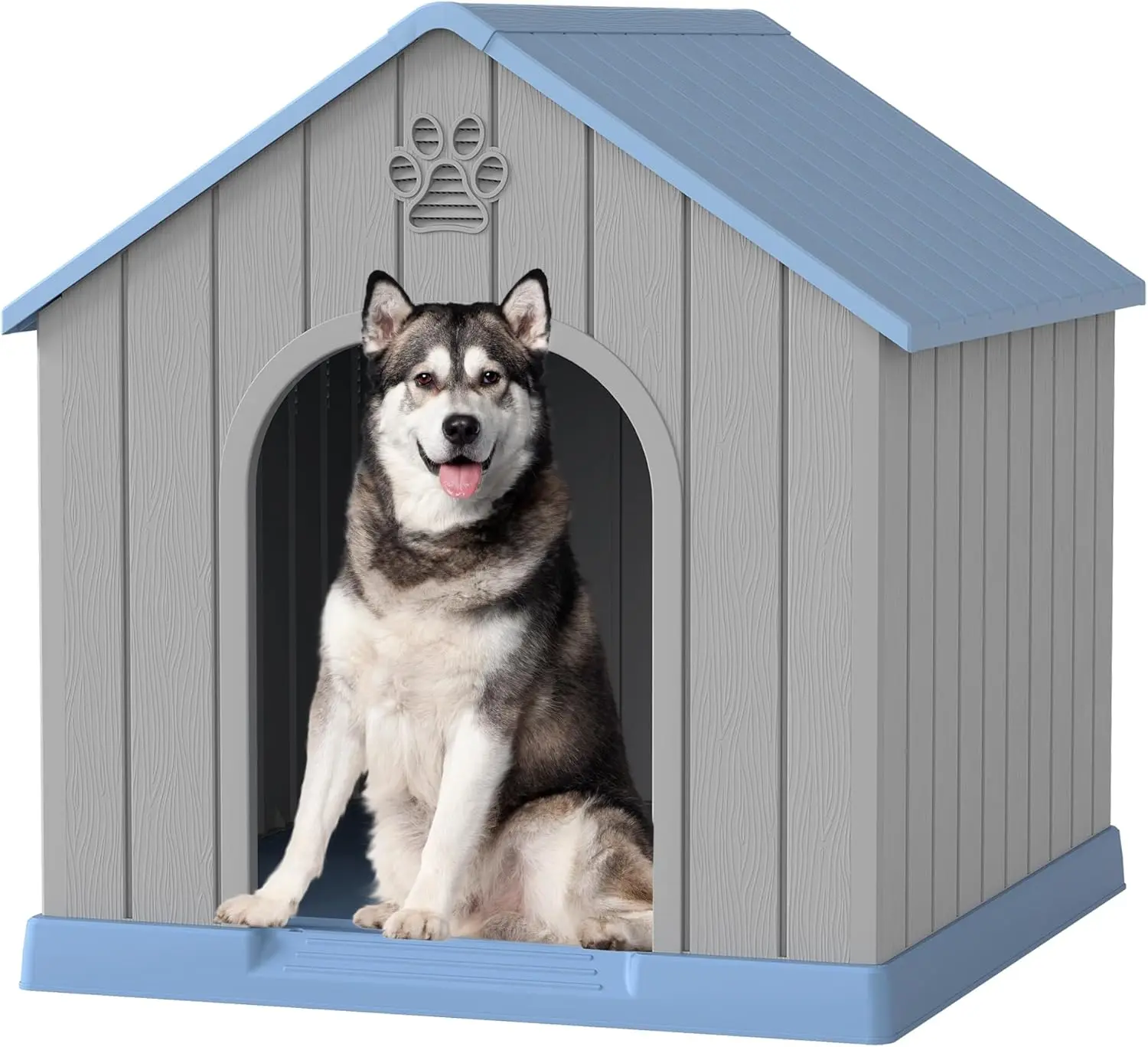 Fancyango Large Plastic Dog House for Outdoor Indoor, 36.2''×38''×38'' | Insulated weatherproof dog house. Elevated floor, air vents. Easy clean & assemble. Comfortable for large dogs. Blue.