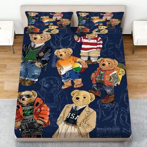 3pcs Polo Bear Bedding Set, Decorative Bedsheet Sets, Deep Blue Color, Includes 1 Fitted Sheet and 2 Pillowcases, Soft Washable, Ideal for Bedroom Decor