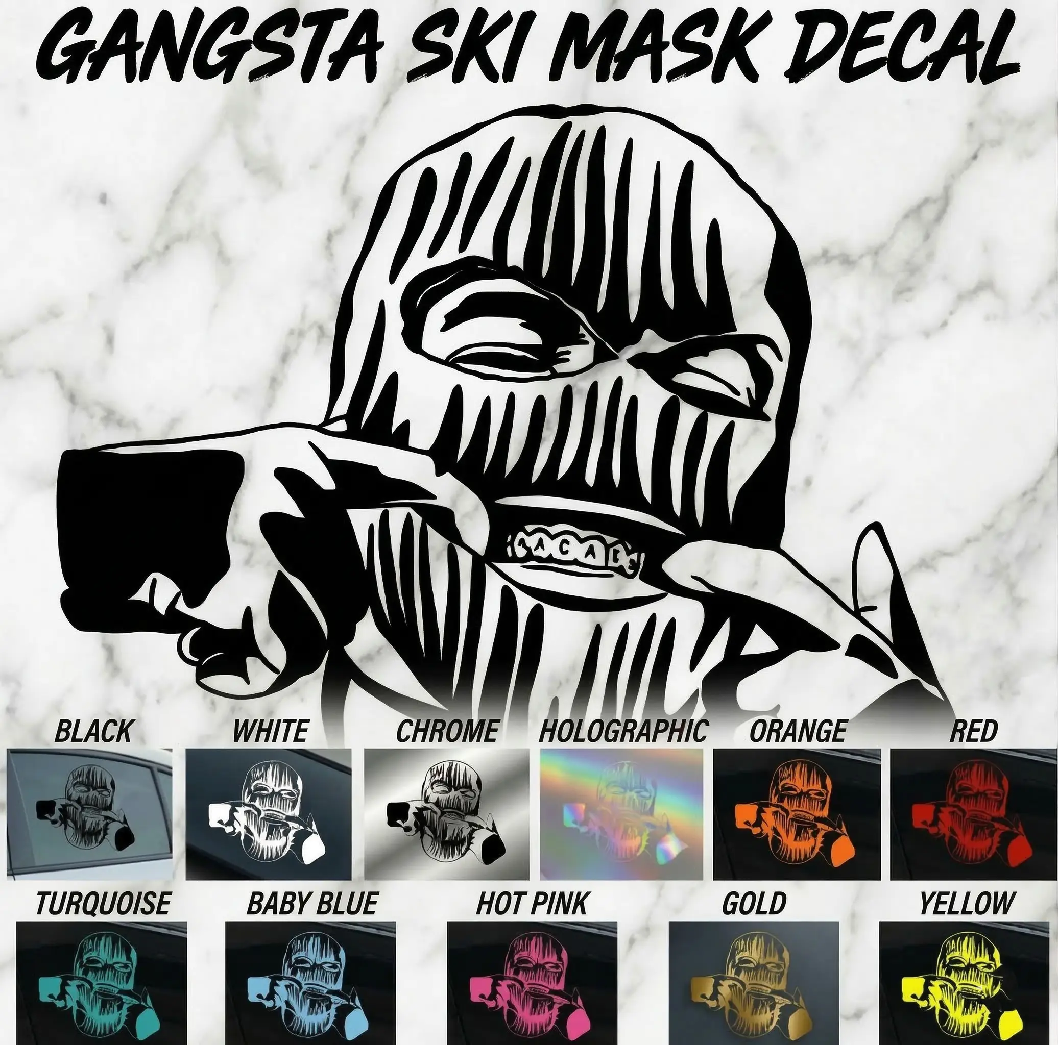 Gangsta Ski Mask Hologram Stickers - Gloss Black & White Chrome