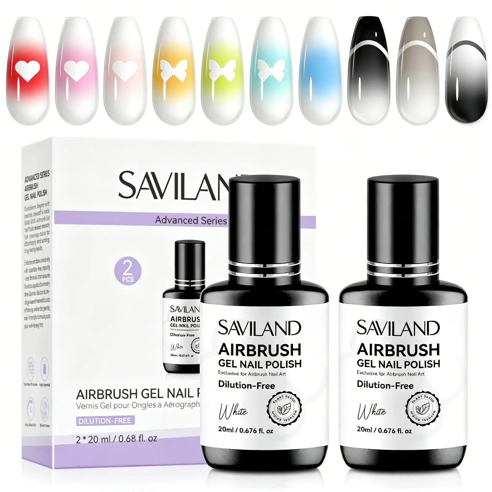 SAVILAND Professional Airbrush Gel Nail Polish Set – 2PCS 20ml White Spray Gel Paint | No Dilution Needed | Non-Acetone Formula with Castor Oil & Vitamin E | French & Ombre Nail Art for Salon or Party