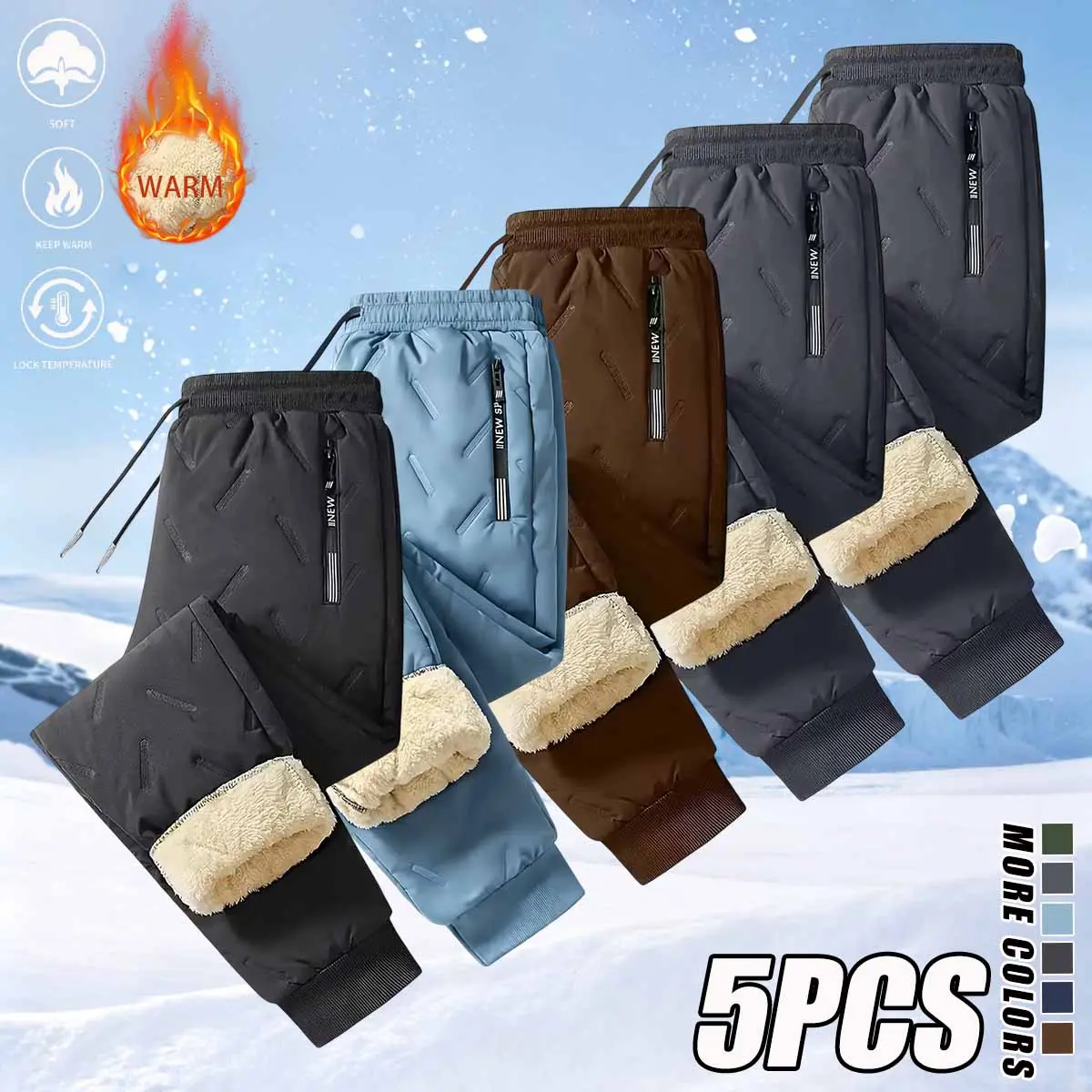Men’s New 5-Pack Winter Sports Jogging Pants – 100% polyester fiber, soft, warm, moisture-wicking.Drawstring elastic waistband, side pockets, flared legs.Suitable for skiing