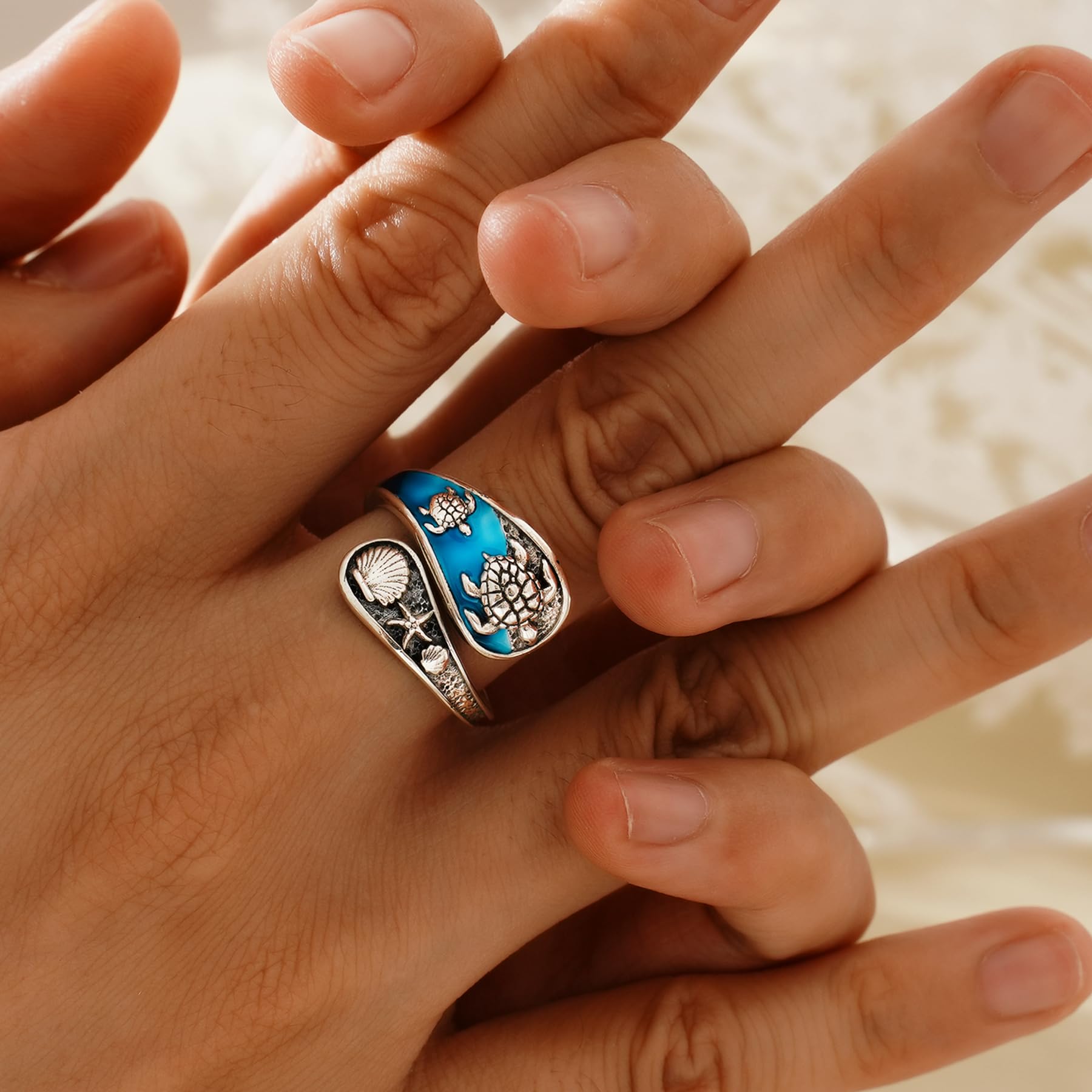 S925 Sterling Silver Sea Turtle Open Ring Beach Shells Starfish Design Vintage Sea Theme Adjustable Ring, Birthday Gifts