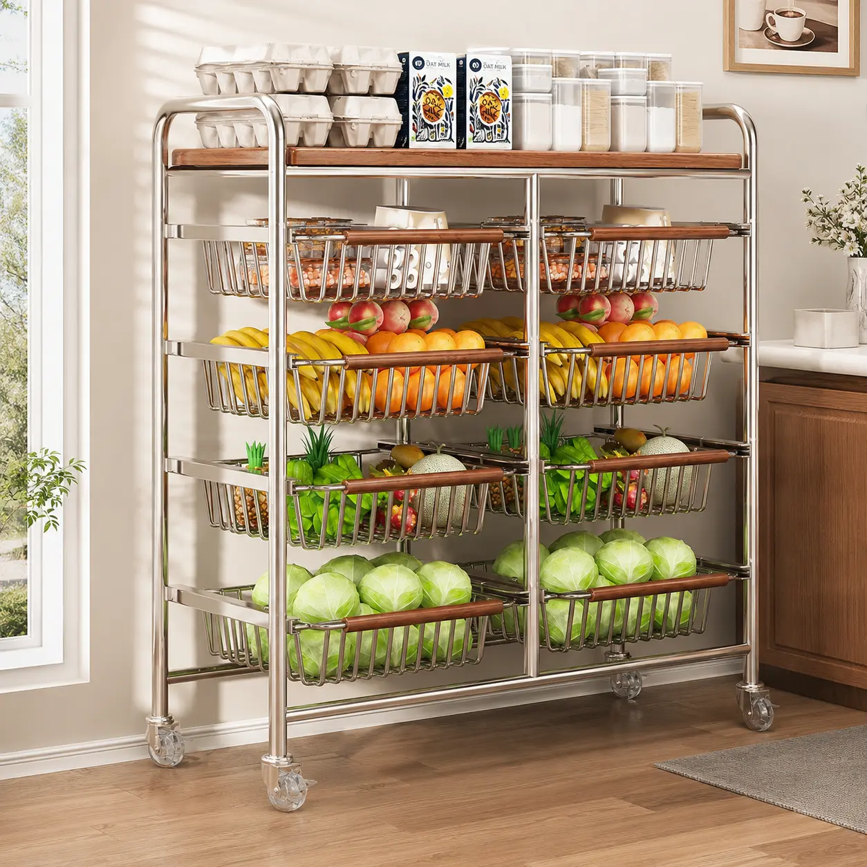 5-Tier Durable Fruit & Vegetable Storage Cart with Pull-Out Baskets, Wood Top, 360° Wheels, Shelf & Rolling Design for Kitchen Pantry, Potato & Onion Organization