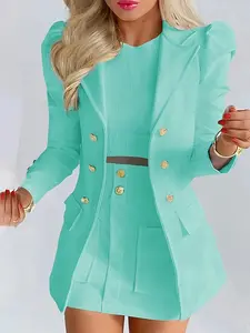 White Floral Print Double-Breasted Blazer for Women - Elegant Short Sleeve Suit, Professional Attire with Button Details, Polyester Blend, All-Season Wear, Office Attire, Structured Shoulders, Plus Size