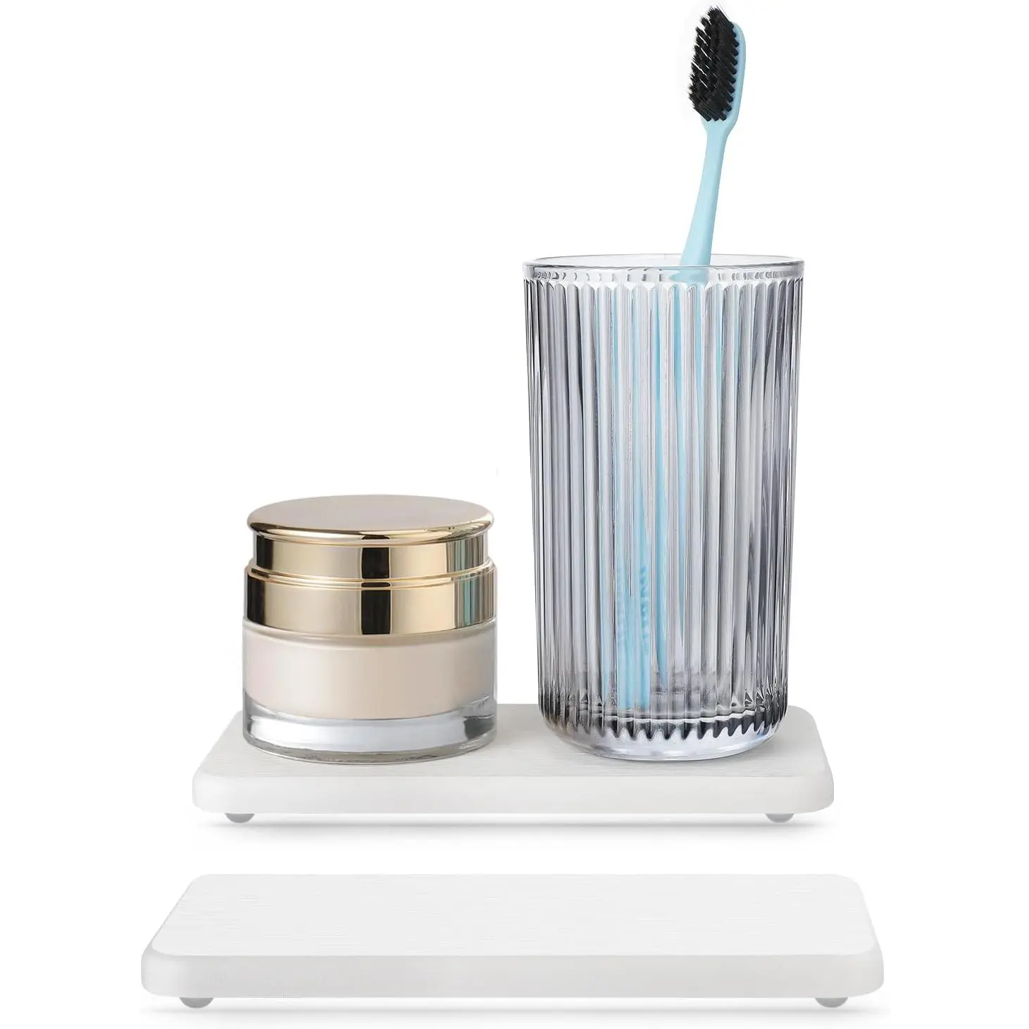 Water Absorbing Stone Tray for Sink |   Quick Drying Diatomaceous Earth Coasters |   Soap Dish Holder & Toothbrush Holder for Bathroom Counter |   Hand Soap & Plant & Toiletries |   White 2 Pack