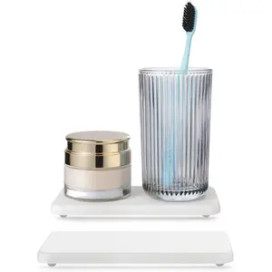 Water Absorbing Stone Tray for Sink |   Quick Drying Diatomaceous Earth Coasters |   Soap Dish Holder & Toothbrush Holder for Bathroom Counter |   Hand Soap & Plant & Toiletries |   White 2 Pack