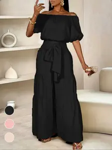 Office Vacation Style One-Shoulder Set, Loose Slimming Top, High-Waisted Tie-Belt Flowy Long Pants Two-Piece Set, Casual Blouse, Womenswear