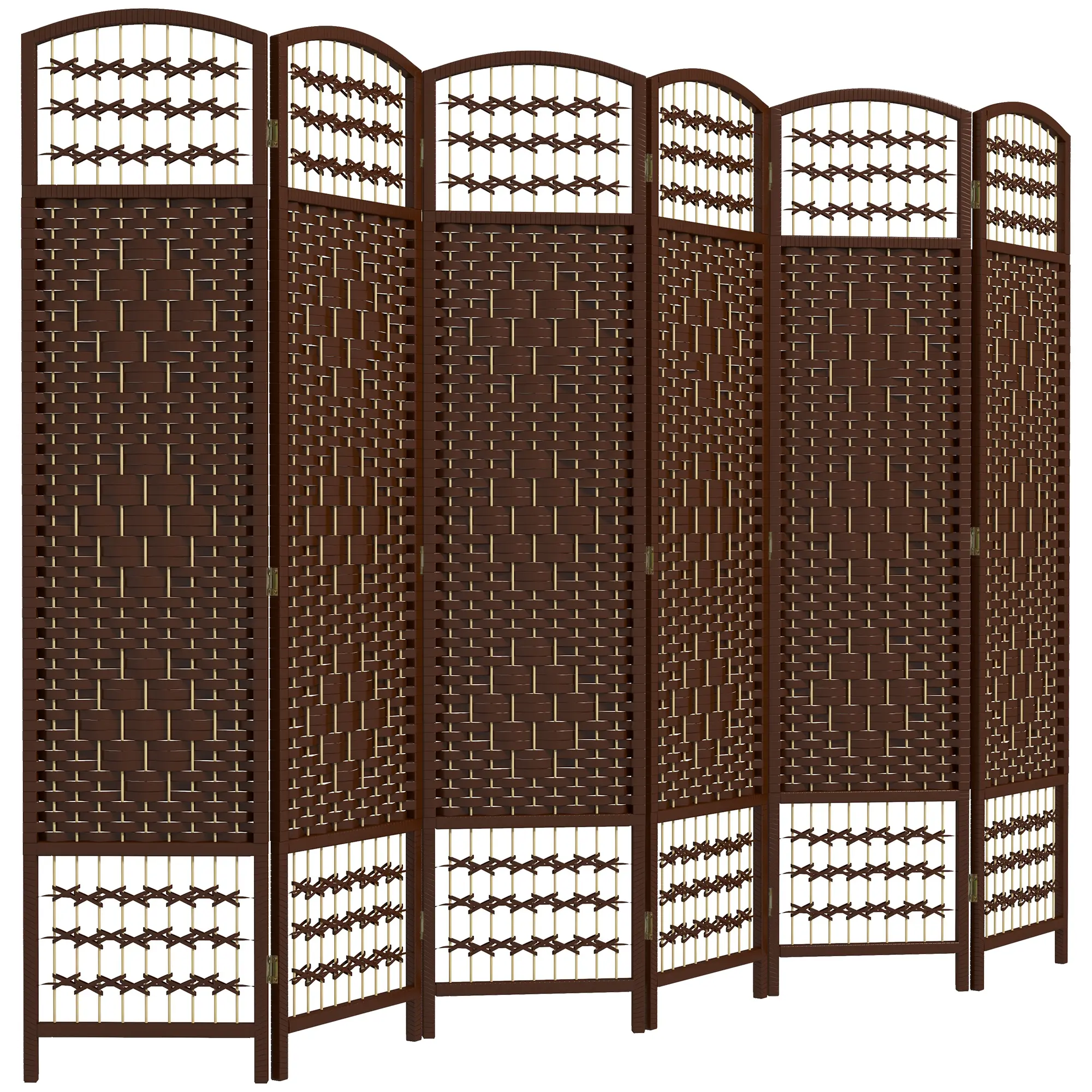 6-Panel Decorative Folding Room Divider - 94.5" Wide Natural Woven Privacy Screen with Arched Bent Wood Top, Sturdy Wood Frame, Freestanding Design, Easy Fold Storage for Home & Office