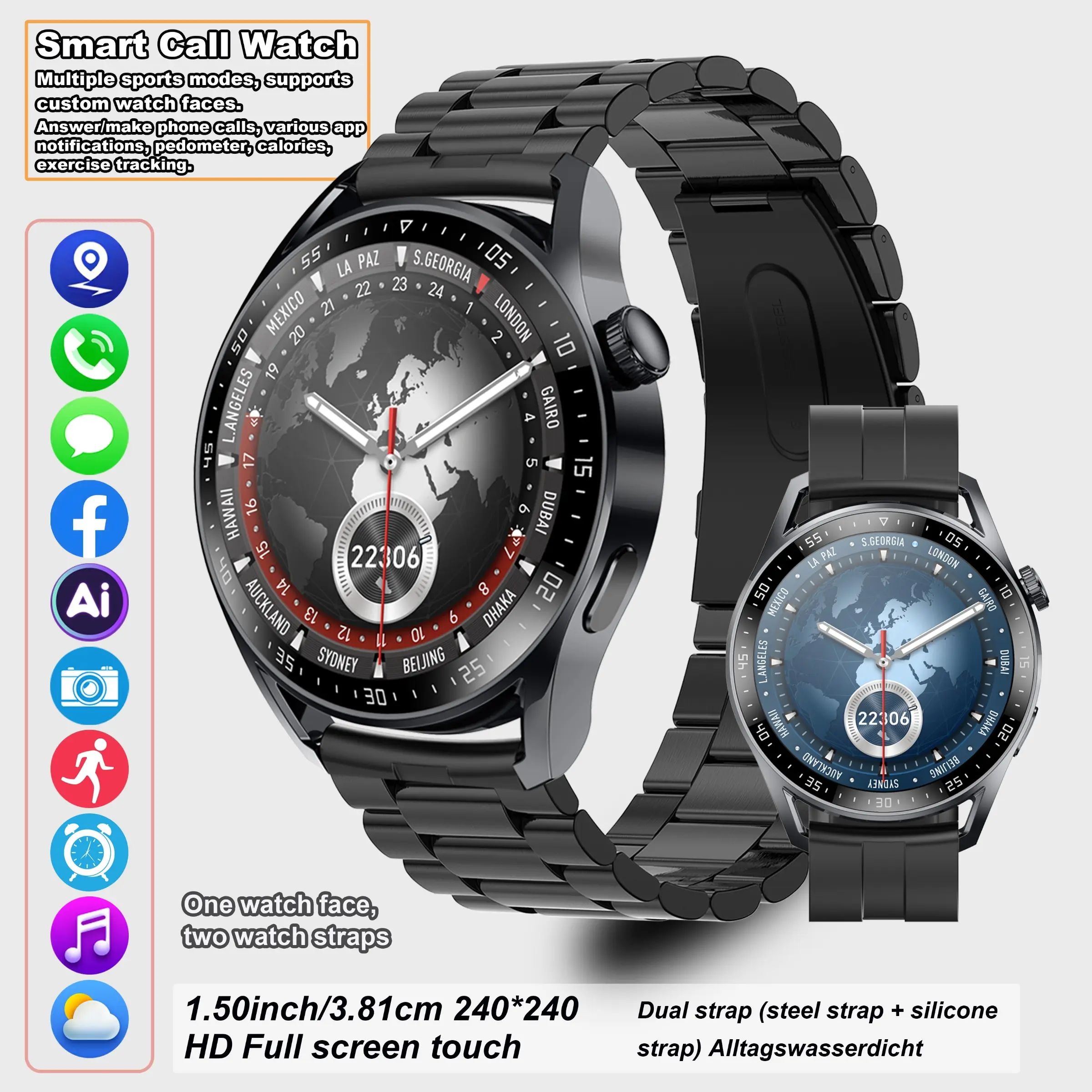 New round smart watch, various exquisite watch faces / customizable personalized watch faces, 1.5-inch AMOLED display, sapphire glass, supports notifications and calls, multiple sports modes, pedometer, tracking and various functions, dual straps.