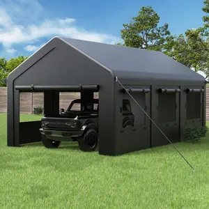 MNLR 12' x 20' Carport Canopy, Portable Garage with Side-Opening Door, Roll-Up Windows and 4-Hole Base, Black