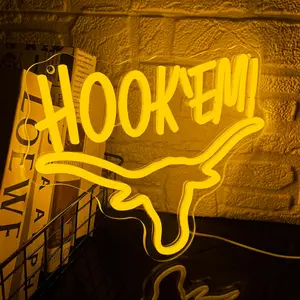 Hook 'Em Neon Sign Dimmable Texas Longhorn LED Neon Light Sign Yellow Bull Head Wall Art Dormitory Bar Party Man Cave Wall Decor Graduation Birthday Gift(13 * 10.6in)