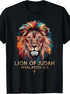 Men'S Christian T-Shirt Featuring The Lion of Judah with a Hebrew Verse (Revelation 5:5) - Black And Golden Design with Hebrew Text, Comfortable Crew Neck And Short Sleeves, Suitable for Church Wear, a Great Religious Gift for Everyone