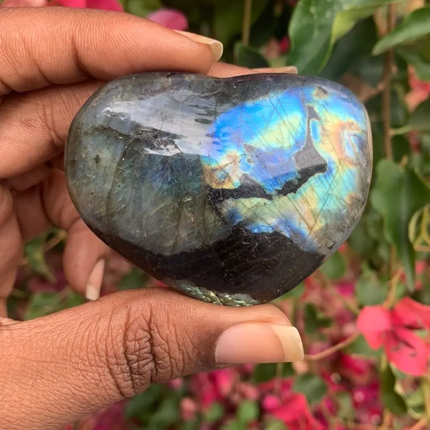 Natural Black Labradorite Crystal Heart Carving