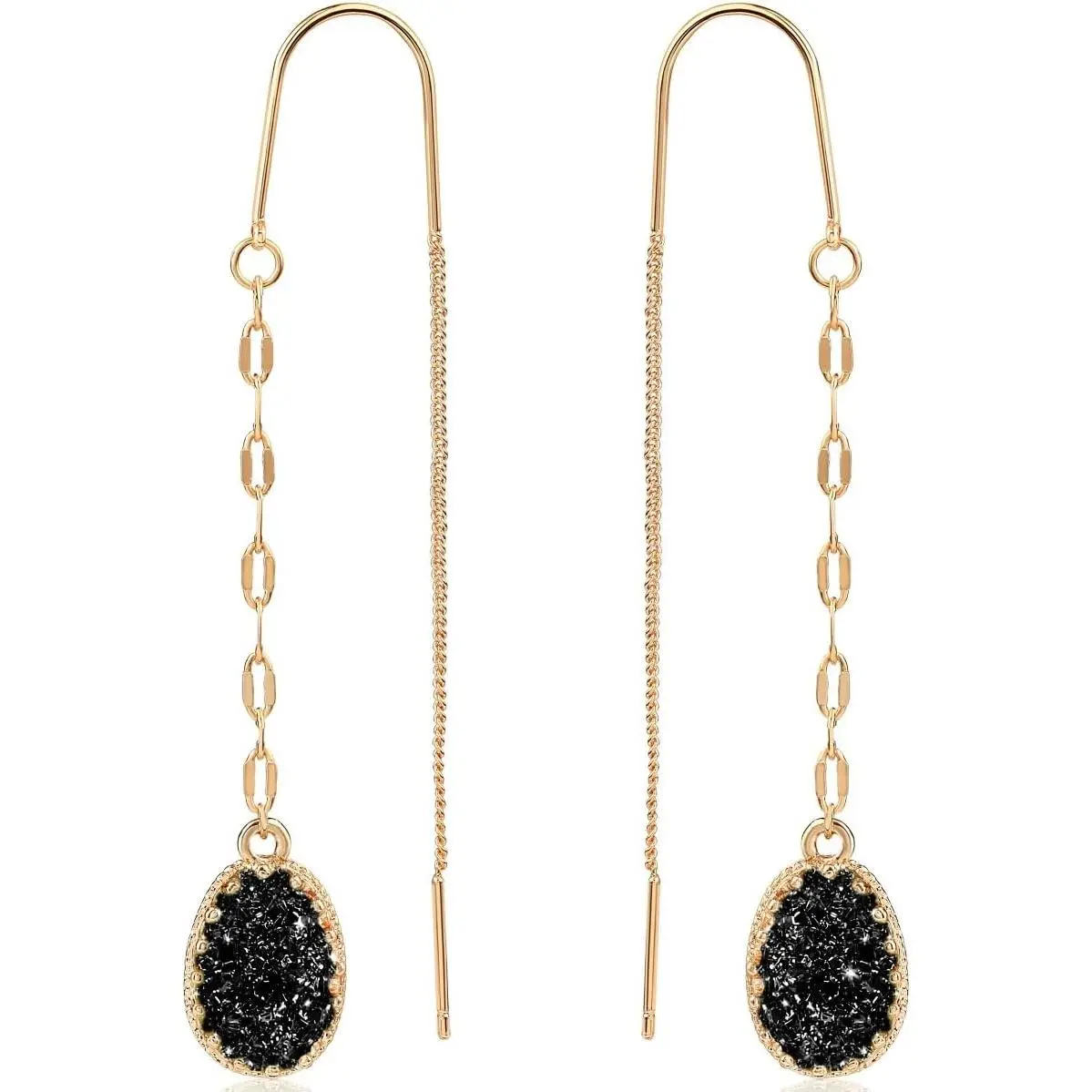 Simulated Druzy Threader Earrings for Women - , , or Rose  Tone Long Chain Earrings with Boho Created Geode Stone
