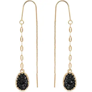 Simulated Druzy Threader Earrings for Women - , , or Rose  Tone Long Chain Earrings with Boho Created Geode Stone