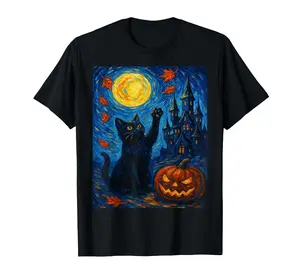 Halloween Van Gogh Starry Night Black Cat Pumpkins T-Shirt,Unisex Crewneck T-shirt for Men And Women