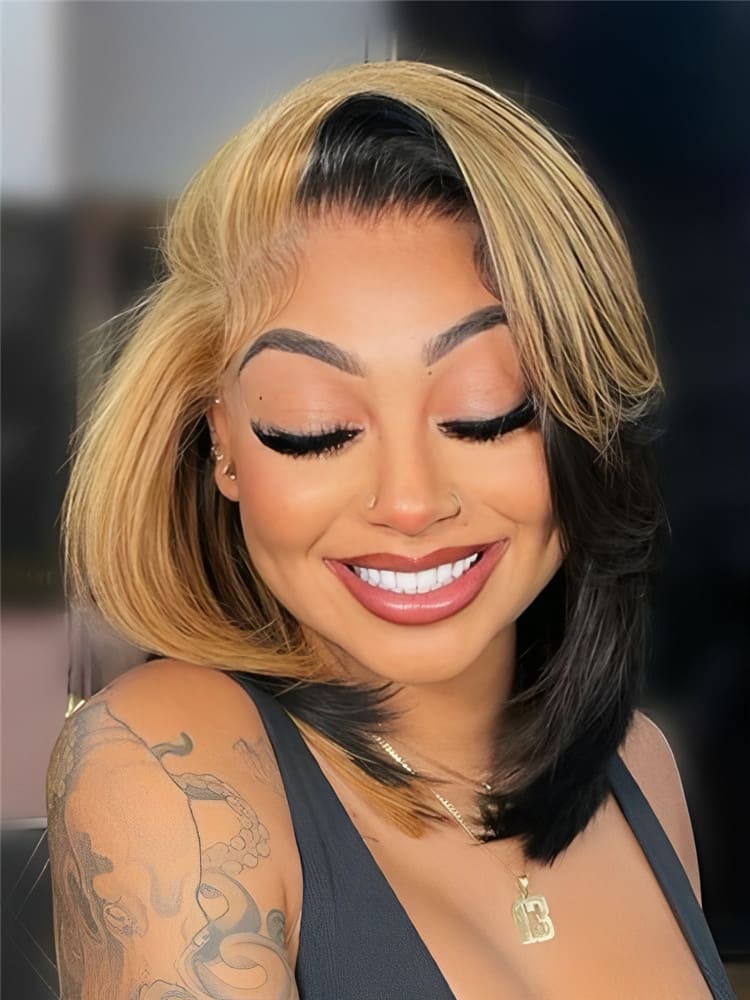 AliPearl Glueless Skunk Stripe Black Honey Blonde Color Straight Short Bob 13x6 Lace Frontal Wigs with Drawstring Ready to Go Pre Cut Pre Plucked Human Hair
