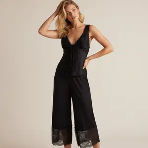 2pcs Women's Satin Lace Trim Pajama Set - V-neck Cami Top & Wide Leg Cropped Pants Loungewear For Sleep & Lounge