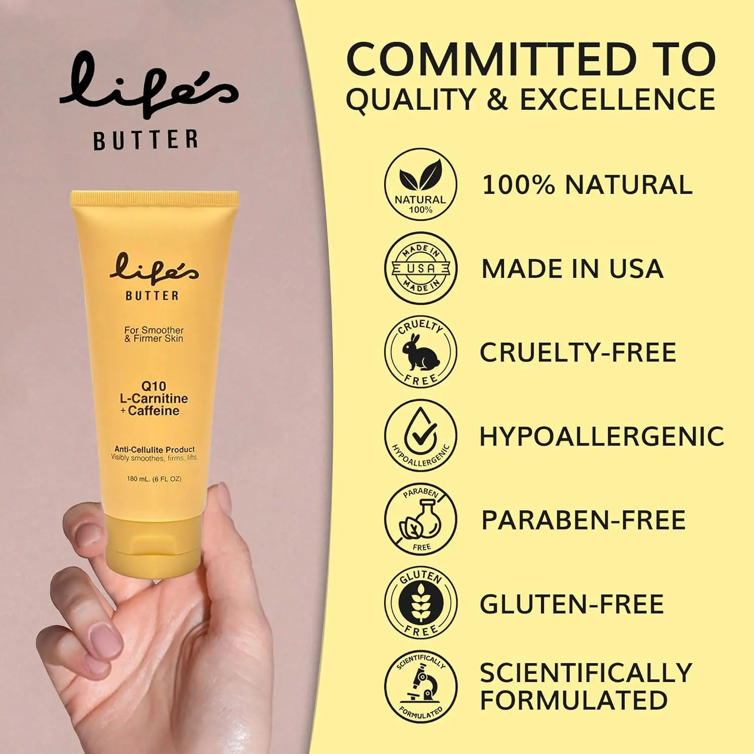 l-carnitine in skin care products LIFE'S BUTTER Anti-Cellulite Cream - 100% Natural - Made in USA -  Cruelty-Free - Hypoallergenic - Best Cellulite Reduction - Skin Firming +  Tightening for Women L-Carnitine + CoQ10 + Caffeine – 6oz