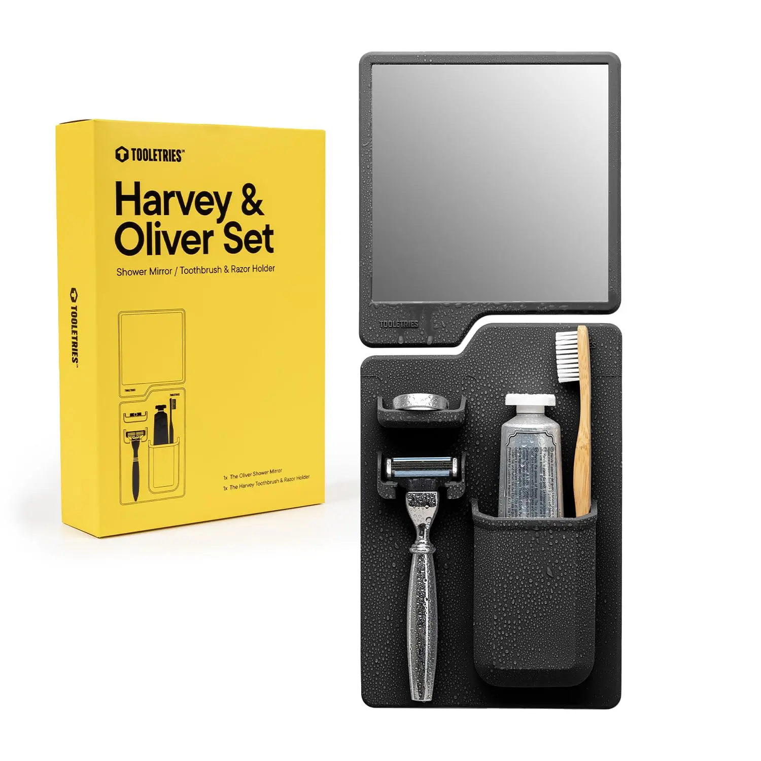 TOOLETRIES The Harvey & Oliver Set- Toothbrush & Razor Holder and Fog Resistant Mirror - Silicone Shower & Bathroom Accessory - Features Silicone-Grip Technology, Removable & Reusable - Charcoal