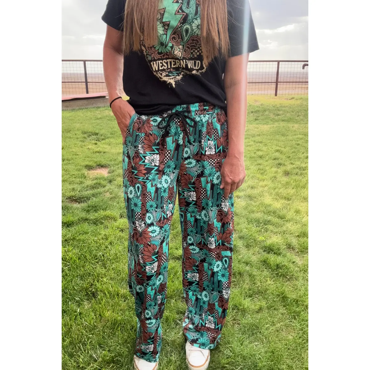 Women's Wide Leg Lounge Pants with Western Tattoo Print, Flowy Casual Bottoms with Pockets and Drawstring, Clothes, Tee, Outfits Inspo, Easy Pants, Turquoise Pants
