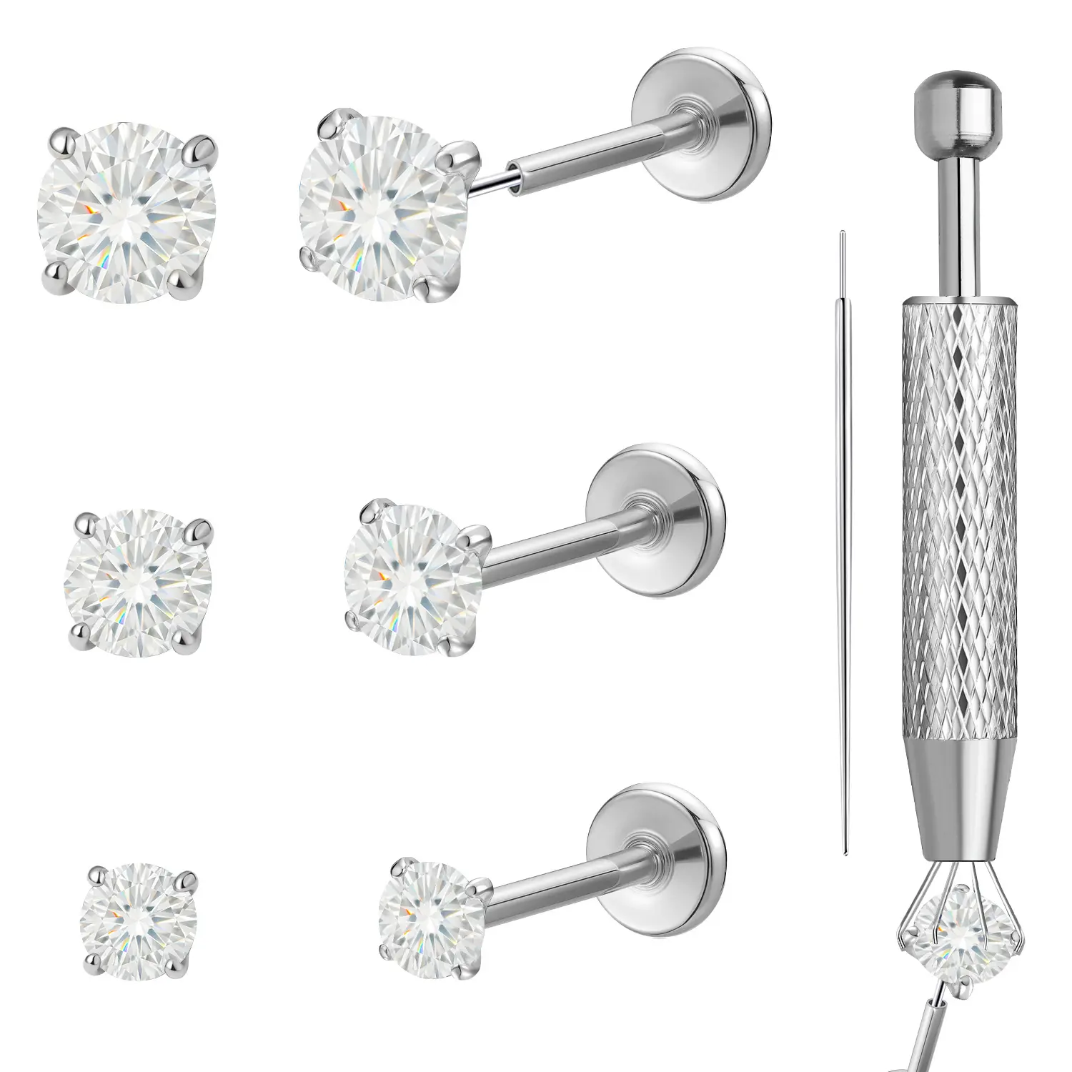 6Pcs Threadless Titanium Nose & Lip Studs | 20G Flat Back Push-in Labret Jewelry with 2/2.5/3mm Moissanite for Nostril, Tragus, Helix Piercing