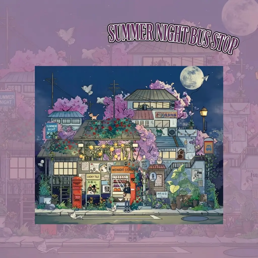 Japanese-style summer night market sticker set, Moon Cherry Bus Stop miniature scenery stickers, waterproof PET pre-cut plant character stickers, DIY multi-layer mini scene handmade gift (includes tweezers)