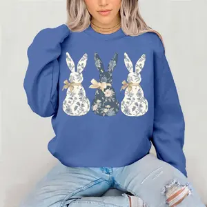 Blue Floral Bunnies Crewneck Sweatshirt Gildan Everyday Style Super Soft Unisex Fit Streetwear Graphic Top warm Womenswear Casual Printed Long Sleeve  spring religious Easter