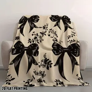 Ultra-Soft Black & Beige Ribbon Bow & Floral Print Flannel Throw Blanket - /Beige with Black Bows, All-Season Cozy Bedspread for Sofa, Bed, Travel, Office - Luxury Bedding Accessory & Elegant Gift