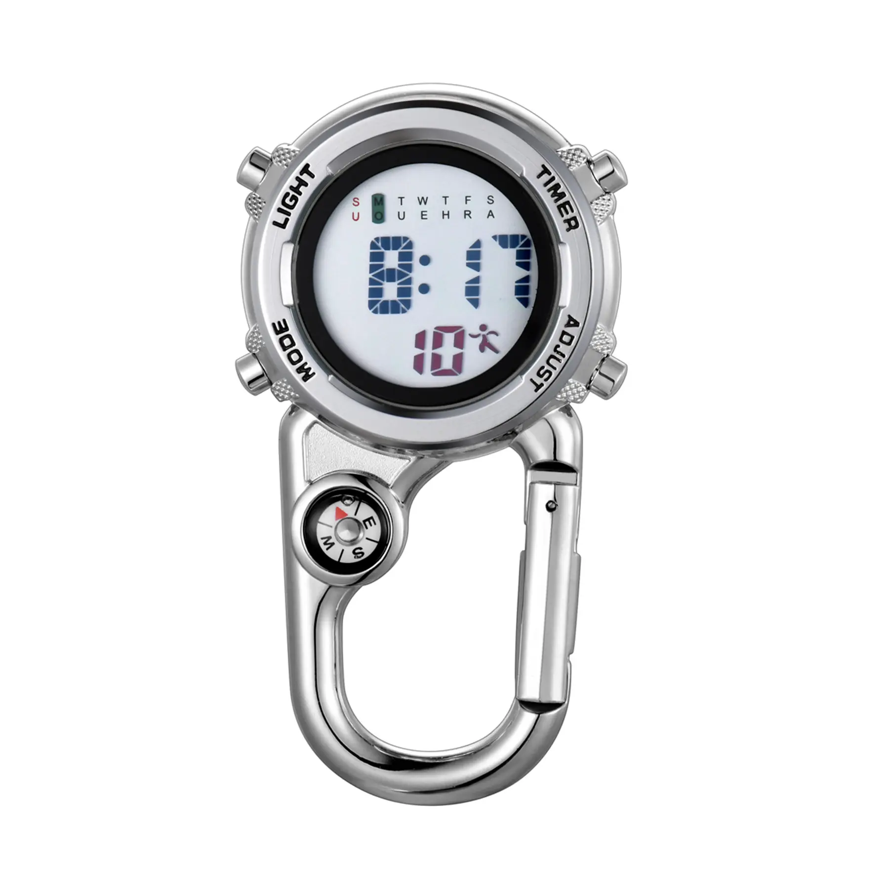 OIDEA Unisex Outdoor Carabiner Clip Digital Watch - Silver-Tone, Compass, 3ATM Waterproof, Ideal for Hiking, Outdoor Gift, Built-In Functional Compass, Digital Display, Digital Interface Pocket & Fob Watches