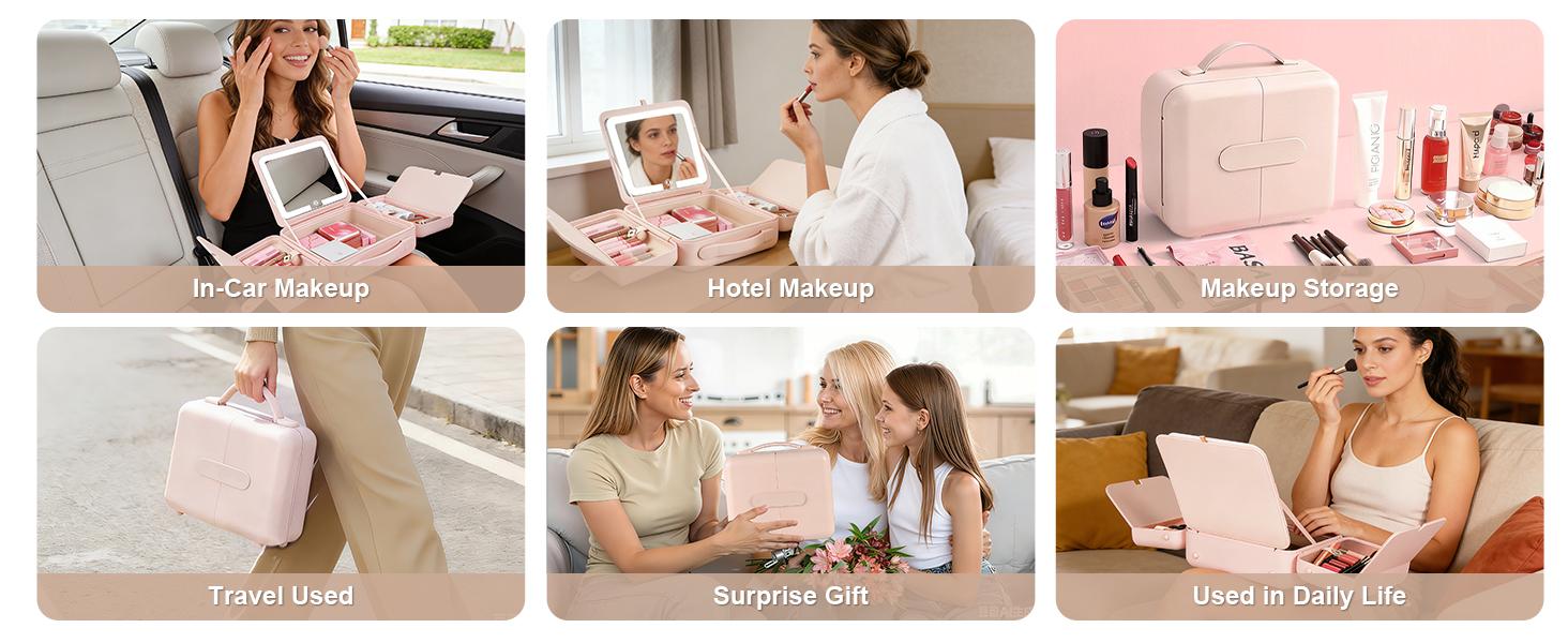 All-in-One Makeup Bag with Magnetic LED Mirror, Portable Travel Makeup Bag, 3 Color Lighting Modes, Rechargeable Makeup Artist Organizer, Moving Vanity Case Cosmetic Organizer for Women & Girls, Adjustable Brightness,  Large Capacity Gift for Her