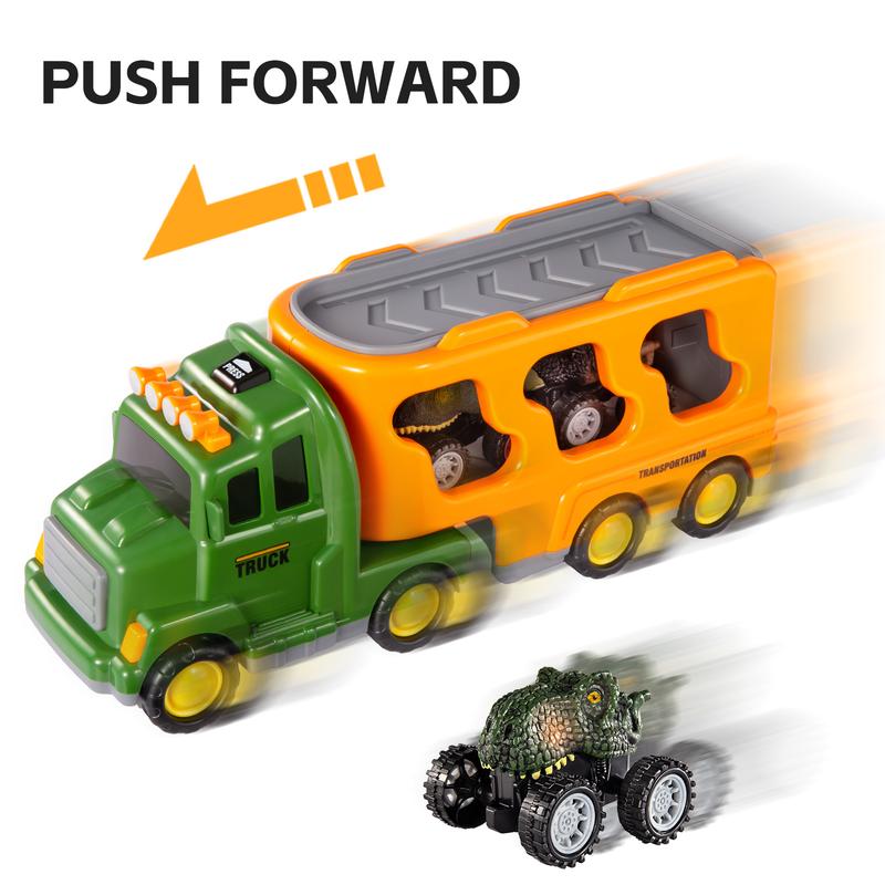 7 in 1 Dinosaur Transport Truck Toy Gifts with Mini Dinosaur lover Figures and Race Cars with Lights and Sounds Educational Play Set for Kids Birthday Christmas