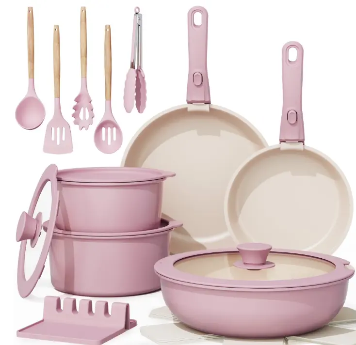 Astercook 20-Piece Ceramic Pots and Pans Set, Nonstick Cookware Set with Detachable Handles, Oven Safe to 480°F, Induction Compatible, Stackable RV Kitchen Cooking Set, Pink