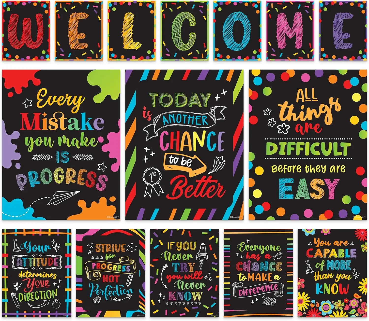 15 Chalkboard Welcome Back to School Bulletin Board Posters, Inspirational, Matte-Laminated Classroom Decorations - for Classroom, Hallways, Learning Centers