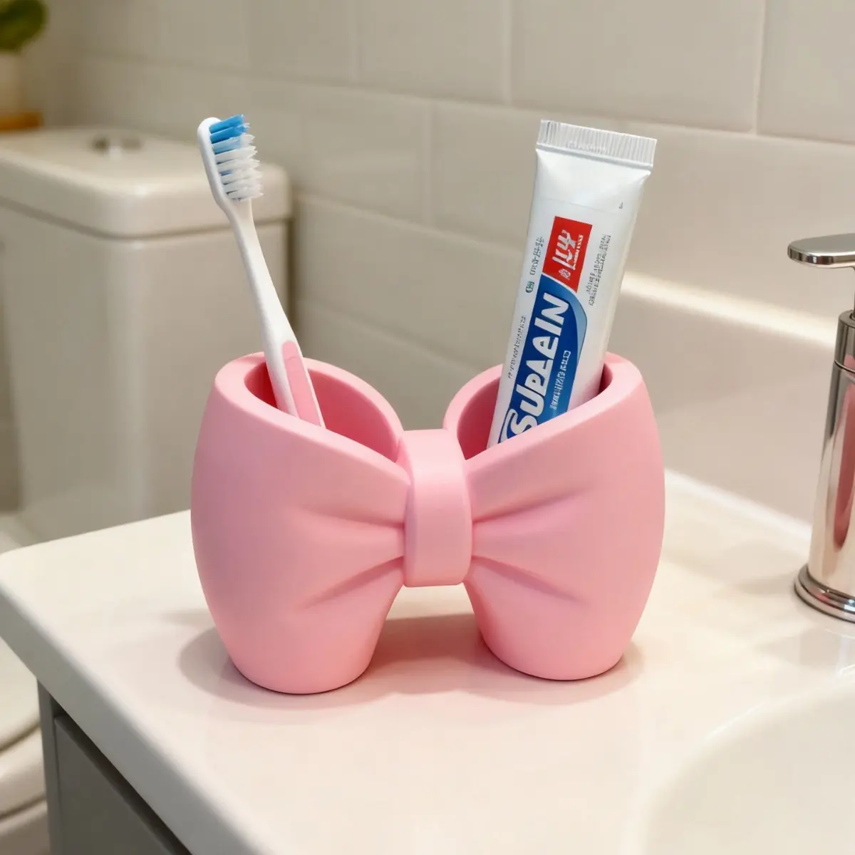 Bowknot Toothbrush Holder| Standup Brush Holder| Bathroom Vanity Organizer for Toothbrushes & Toothpaste| Decorative Storage Stand| Perfect Gift for Valentine’s Day/Christmas/New Year