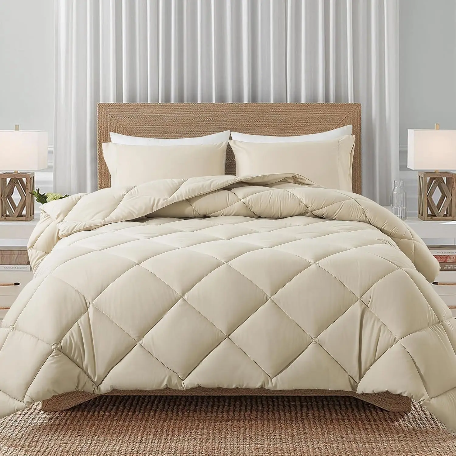 Lightweight King Comforter with 2 Pillow Sham - 3 - Quilted Down Alternative Comforter/Duvet Insert for - Beige - King Size