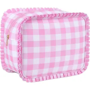 Gingham Ruffle Makeup Bag Large Travel Cute Checkered  Toiletry Bag with Zipper for Women Girls, Toiletry Pouch Make up Organizer